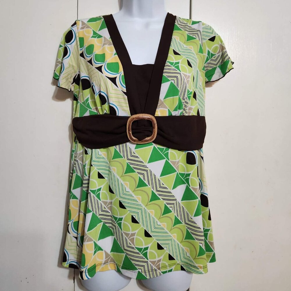 VTG Y2K Medium AB Studio Multicolor Geometric Boho Retro Empire Waist Top